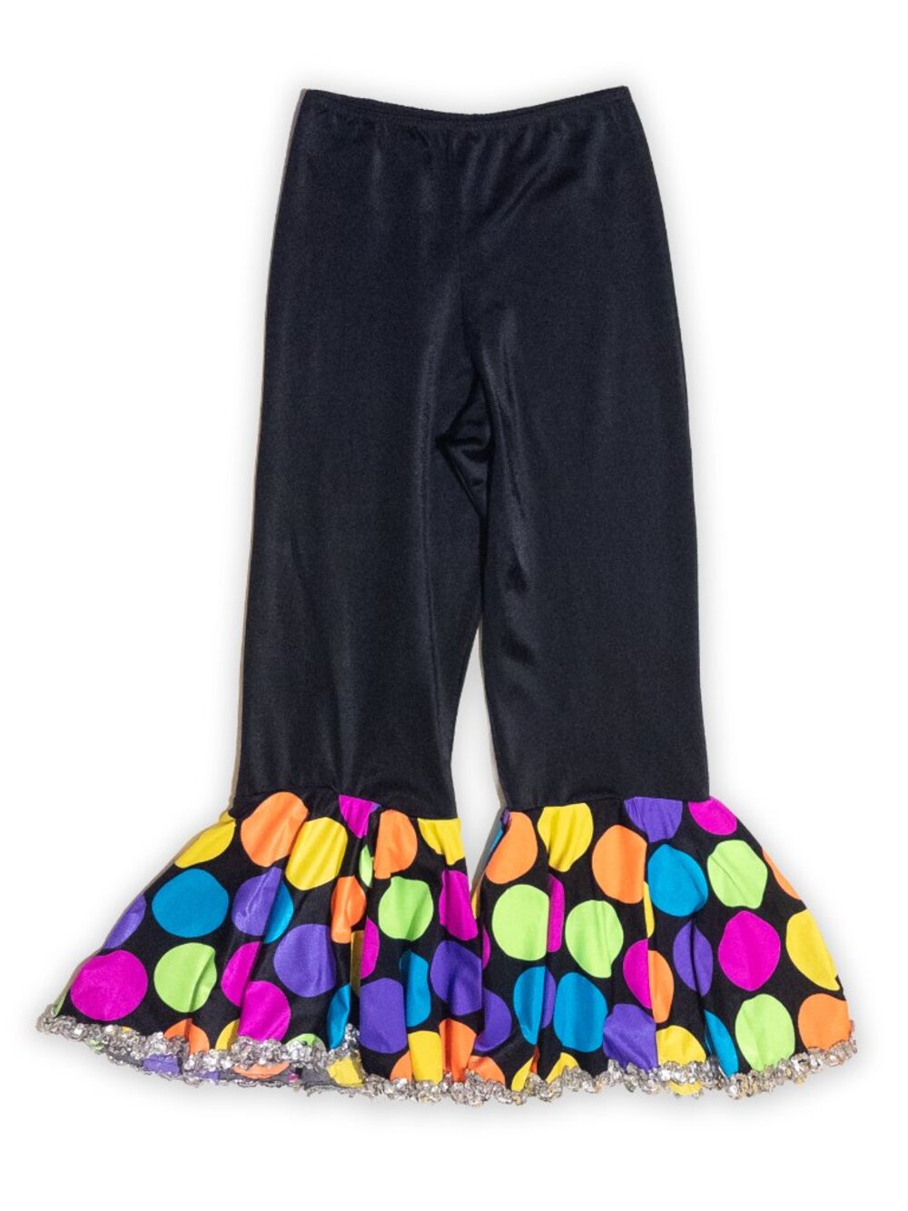 Black Spandex Neon Polka Dot Ruffled Hem Sequin Costume Dancewear Pants